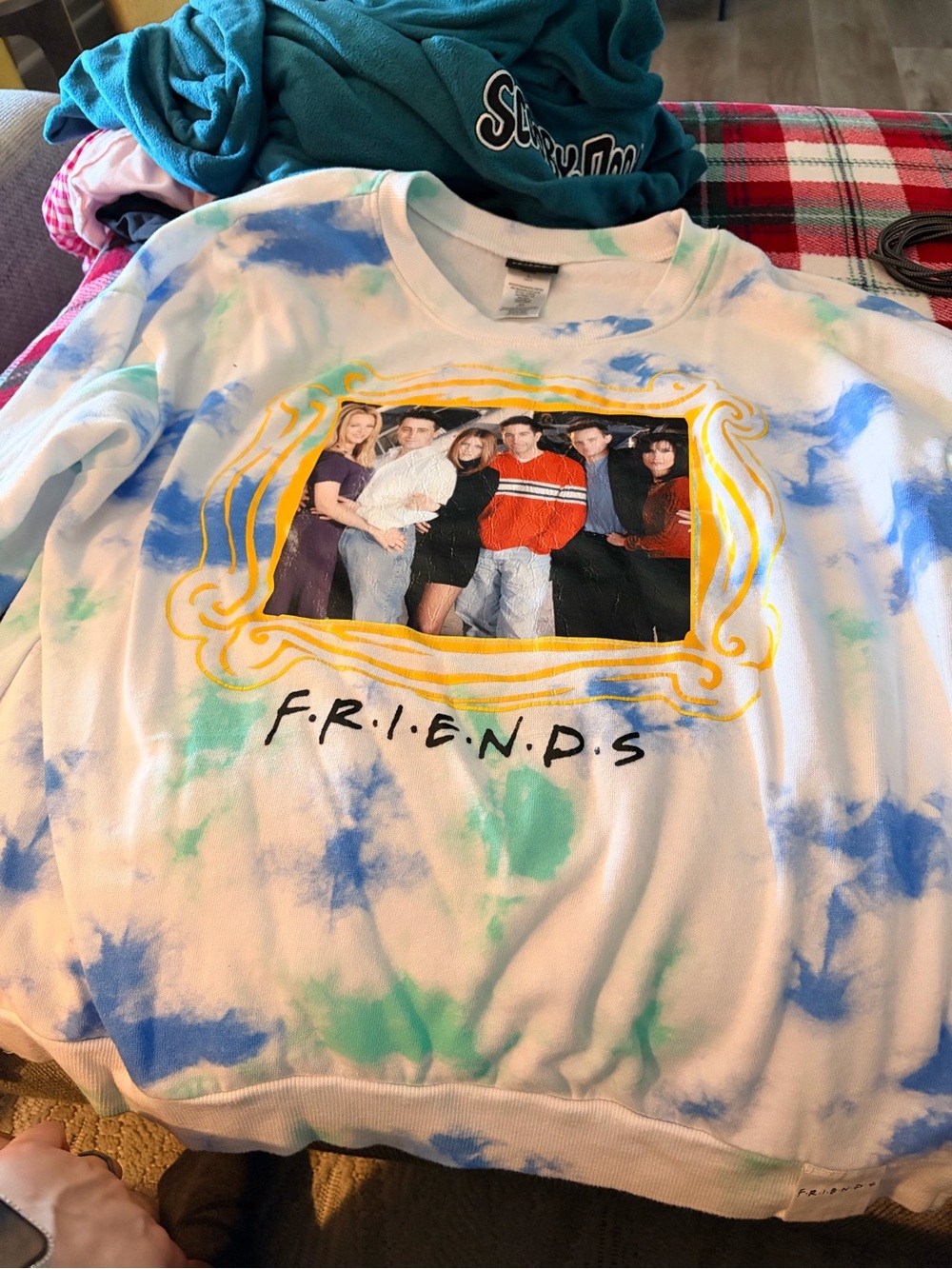 FRIENDS Crewneck Sweatshirt with Blue and Green Tie-Dye Accent